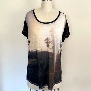 A.N.A Sunset Burnout Palm Graphic Short Semi-Sheer Cuffed Sleeve Tee Beach Scene